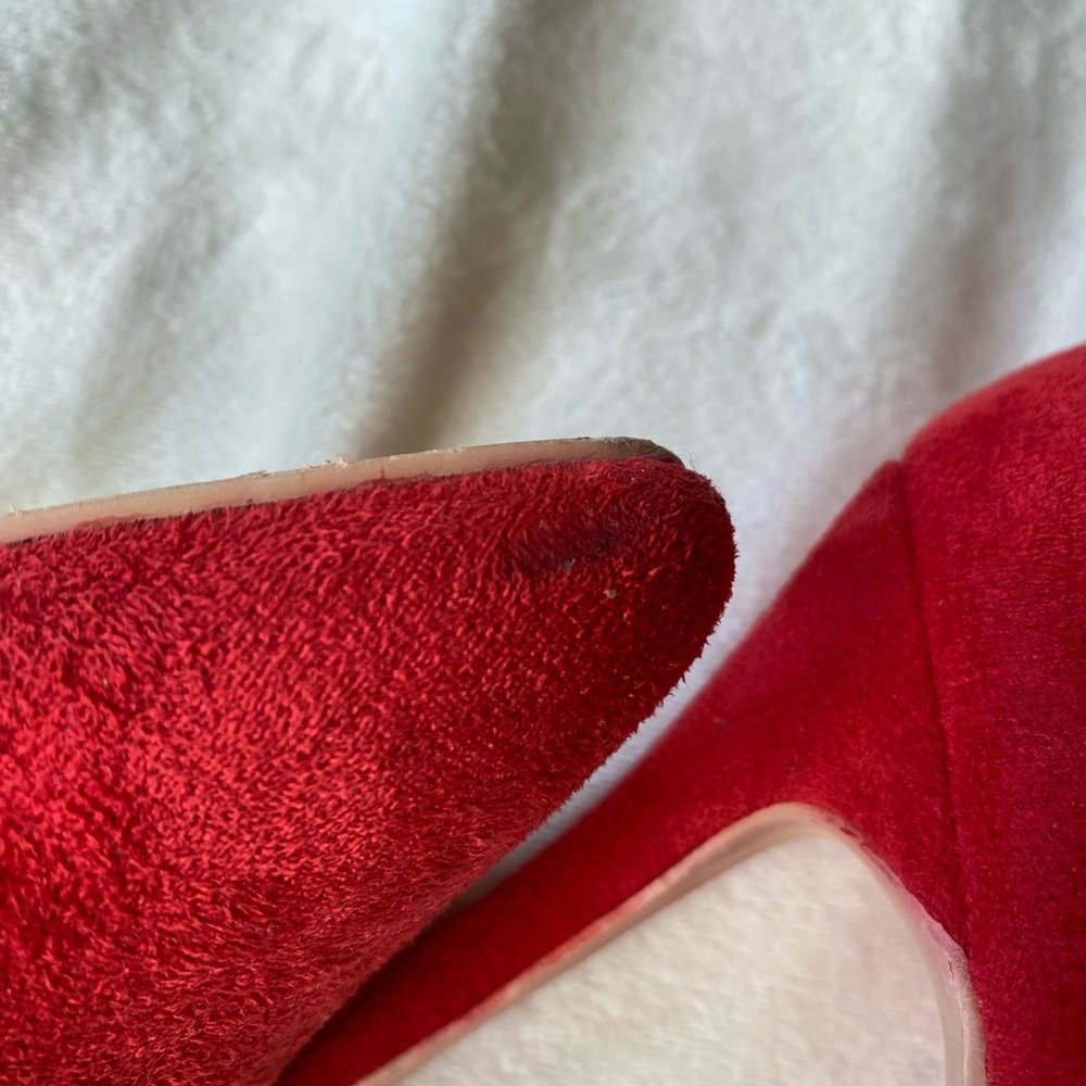 Red Suede Pointy Toe Heels with Ankle Bow - Picture 5 of 7